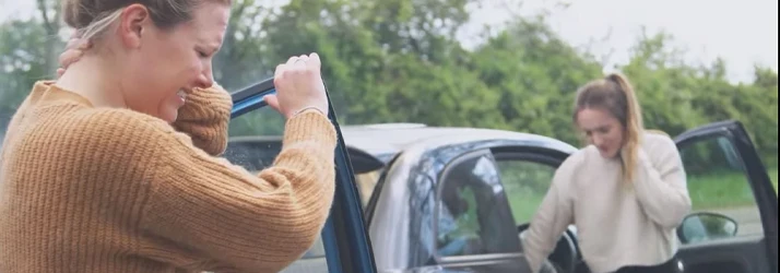 Two people standing beside a car, with one holding the neck and the other leaning against an open door.